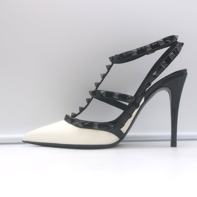 Valentino Rockstud Bicolor Cage Pumps White & Black Patent