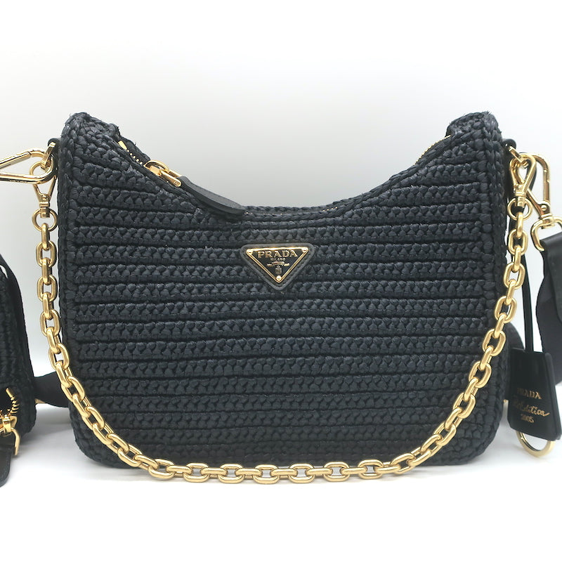 Prada Re-Edition 2005 Crochet Raffia Crossbody Black Small