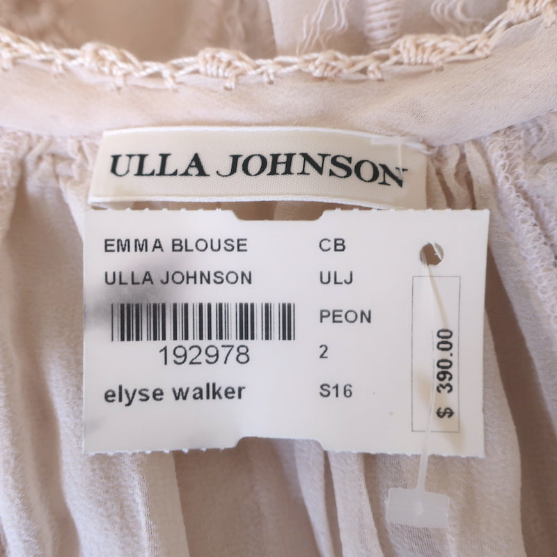 omj Ulla Johnson Emma Blouse Light Pink Embroidered Silk Size 2 Tassel