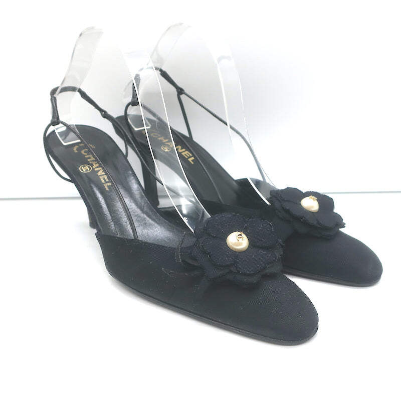 Chanel Camellia CC Faux Pearl Slingback Pumps Black Grosgrain Size