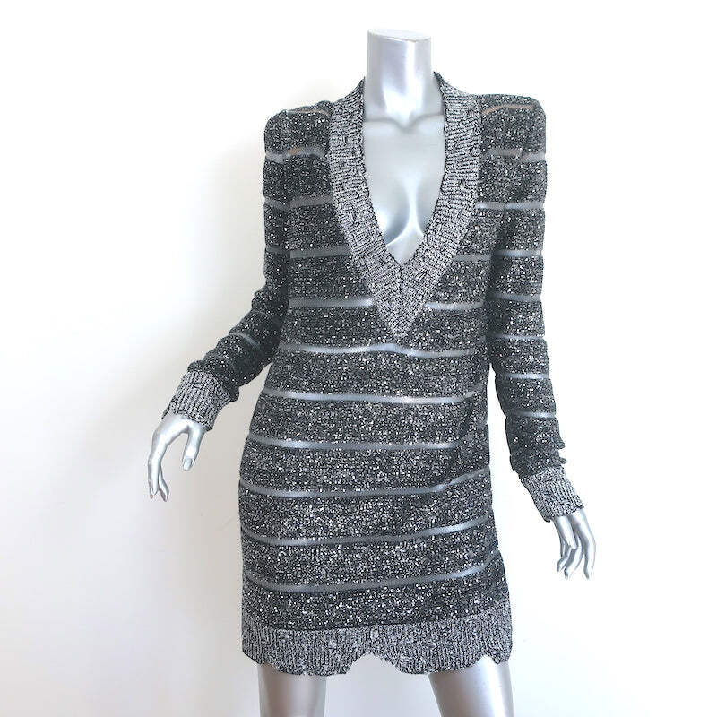 balmain black and silver dress Balmain Sequined Striped Distressed Knit Mini Sweater Dress Black/Silver  Size 36
