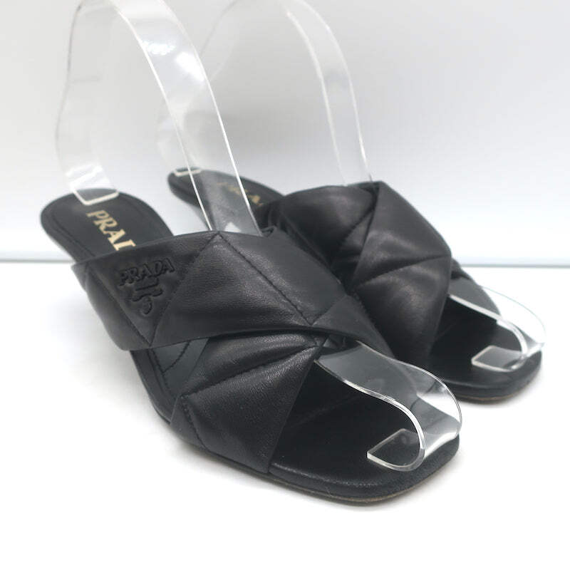 Prada Quilted Leather Mules Black Size 37 Kitten Heel Slide