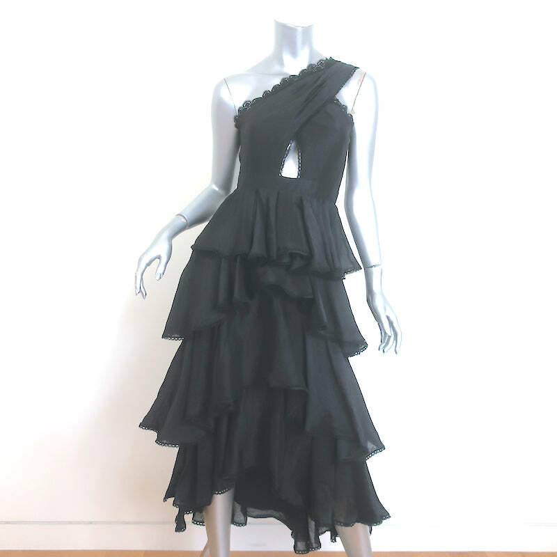 AMUR Lena One-Shoulder Cutout Midi Dress Black Ruffled Linen-Silk Size 00 |  eBay