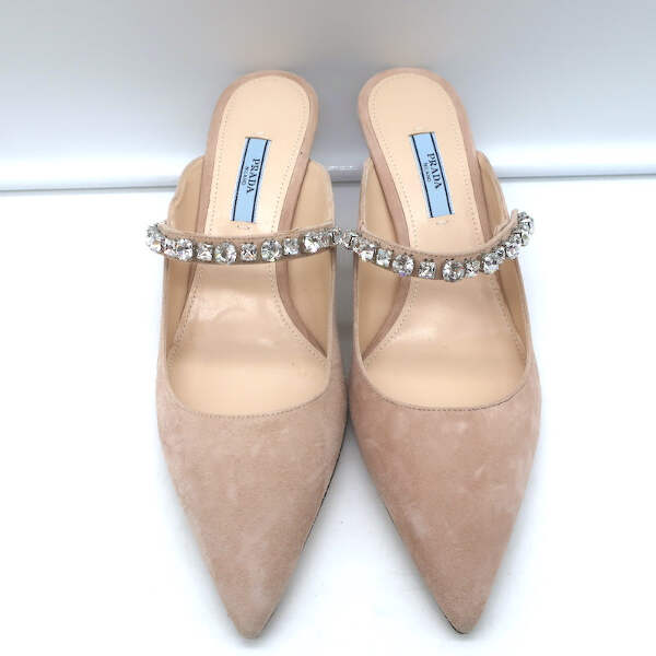 関税送料込 PRADA クリスタル付き スウェード バレエシューズ Prada Crystal Strap Mules Beige Suede Size 38 Pointed Toe