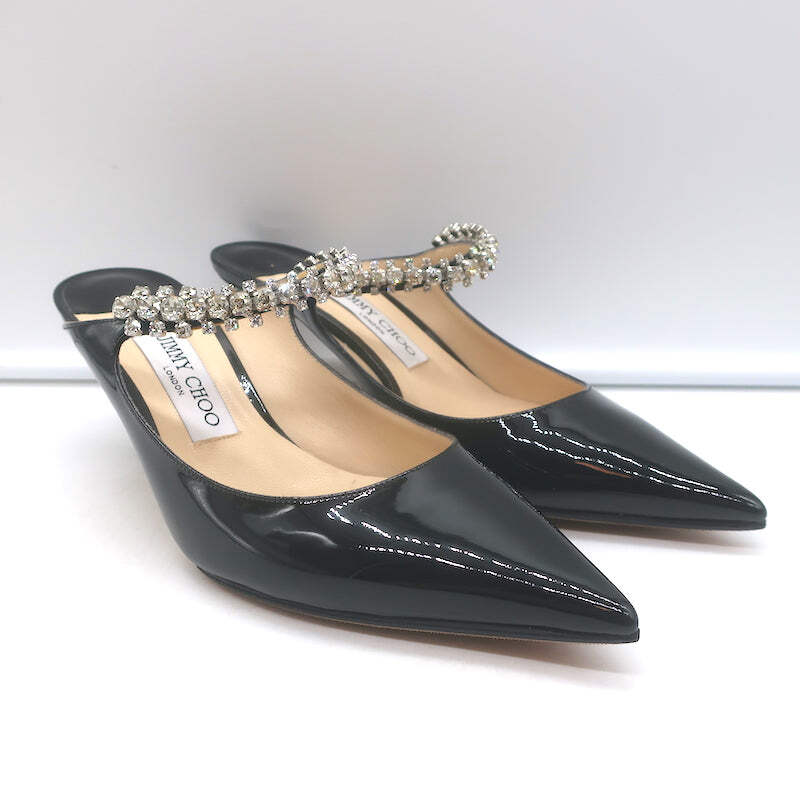 Jimmy Choo Bing 65 Crystal Strap Mules Black Patent Leather