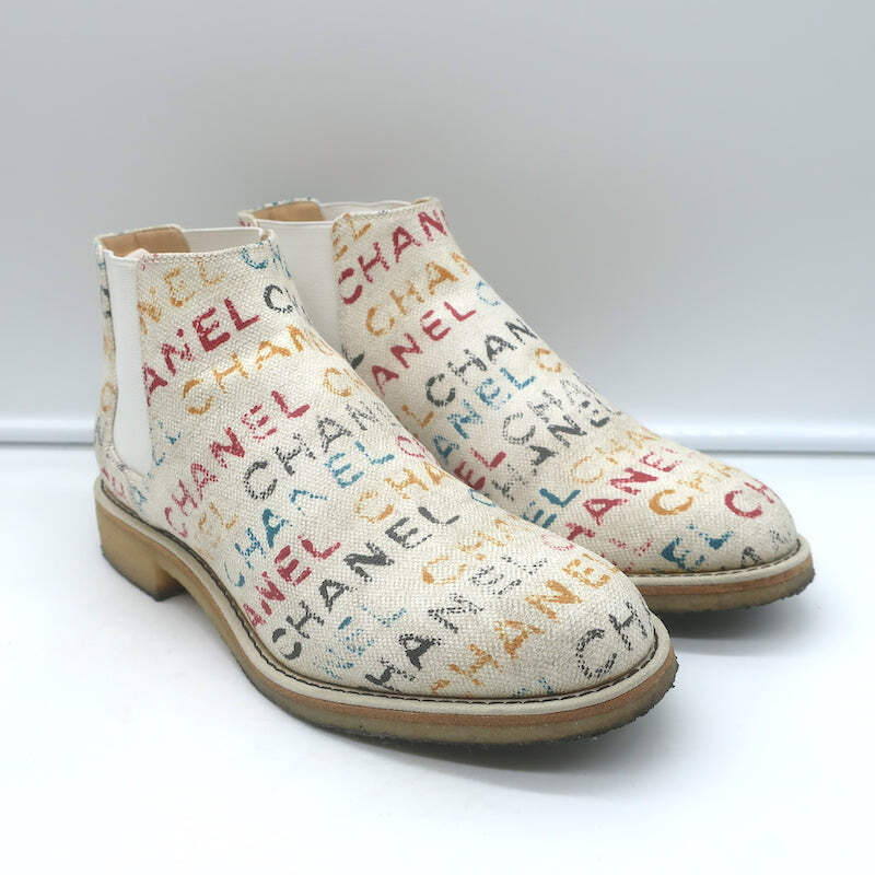 Chanel Graffiti Chelsea Boots Cream Canvas Size 38.5 Flat Ankle