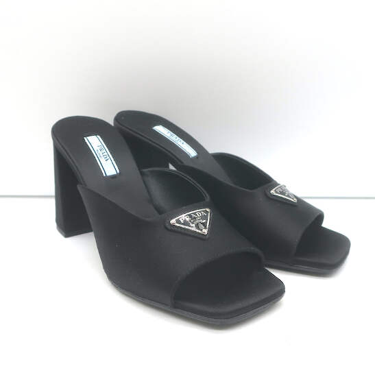 Prada Triangle Logo Sandals Black Satin Size 37 High Heel