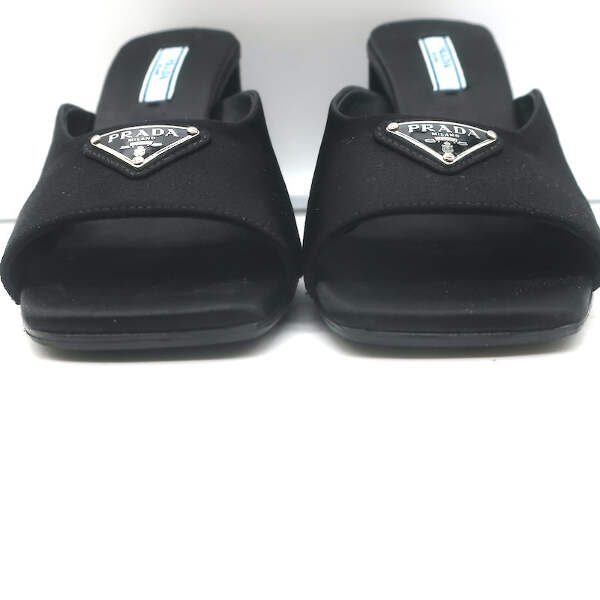 靴・ブーツ・サンダルその他 PRADA Logo tringolo espadrilles Prada Triangle Logo Sandals Black Satin Size 37 High Heel