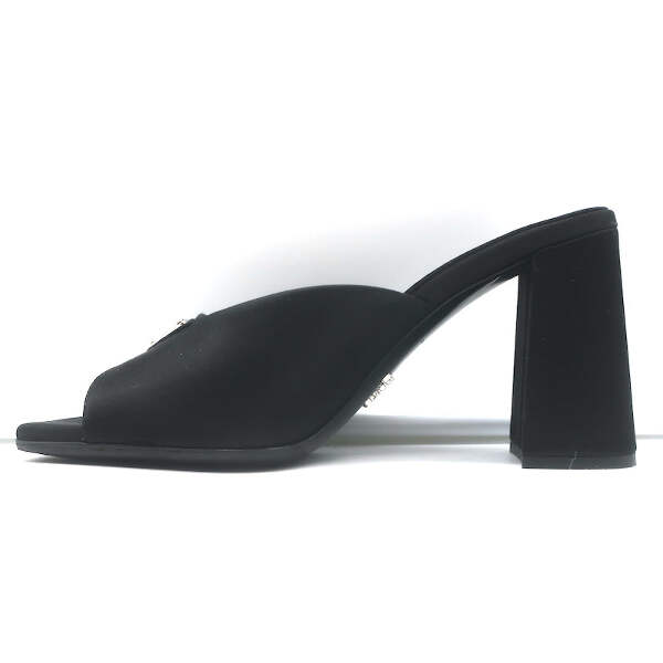 【PRADA】 ロゴプレート スリッポン スライド Prada Triangle Logo Sandals Black Satin Size 37 High Heel