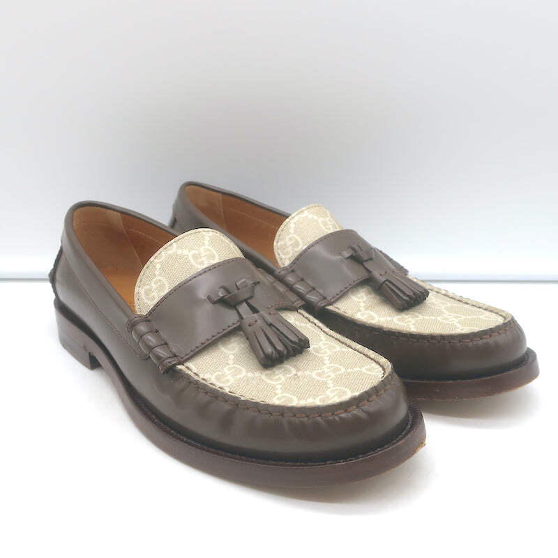 Gucci Kaveh GG Supreme Tassel Loafers Brown Leather & Beige Canvas