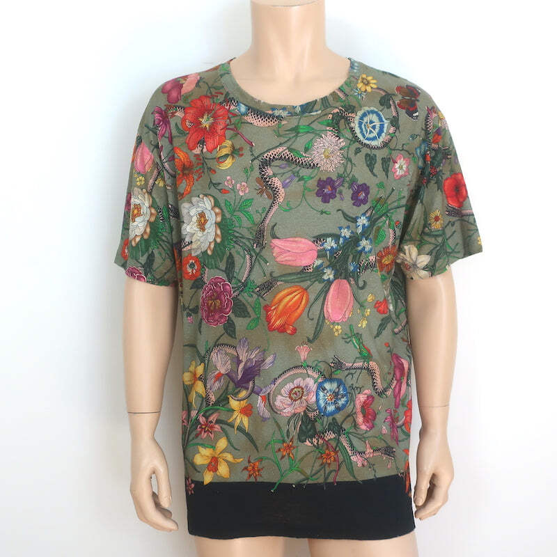 Gucci Flora Snake Print T-Shirt Military Green Linen Jersey Size 