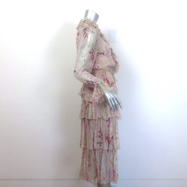 zimmermann rosa silk tiered dress Zimmermann Winsome Tiered Midi Dress Light Pink Floral Crinkled Chiffon Size 1