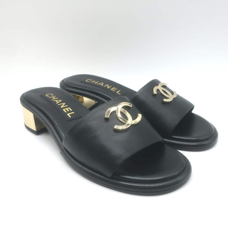 Chanel 23K CC Gold-Heel Slide Sandals Black Leather Size 37 | eBay