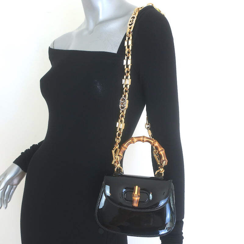 Gucci Mini 1947 Bamboo Handle Crystal GG Chain Strap Bag Black