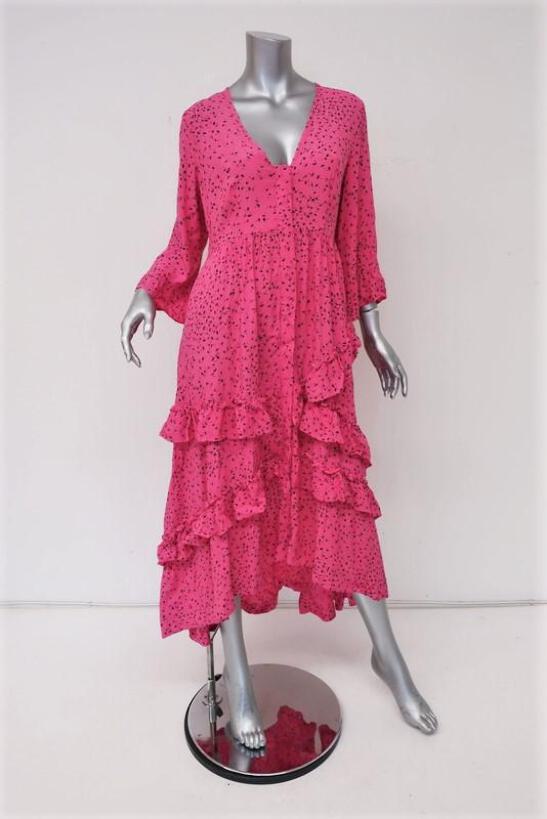 Ganni Dress Barra Hot Pink Printed Crepe Size 38 Ruffled Button-Front ...