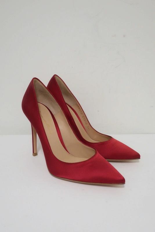 red satin pumps