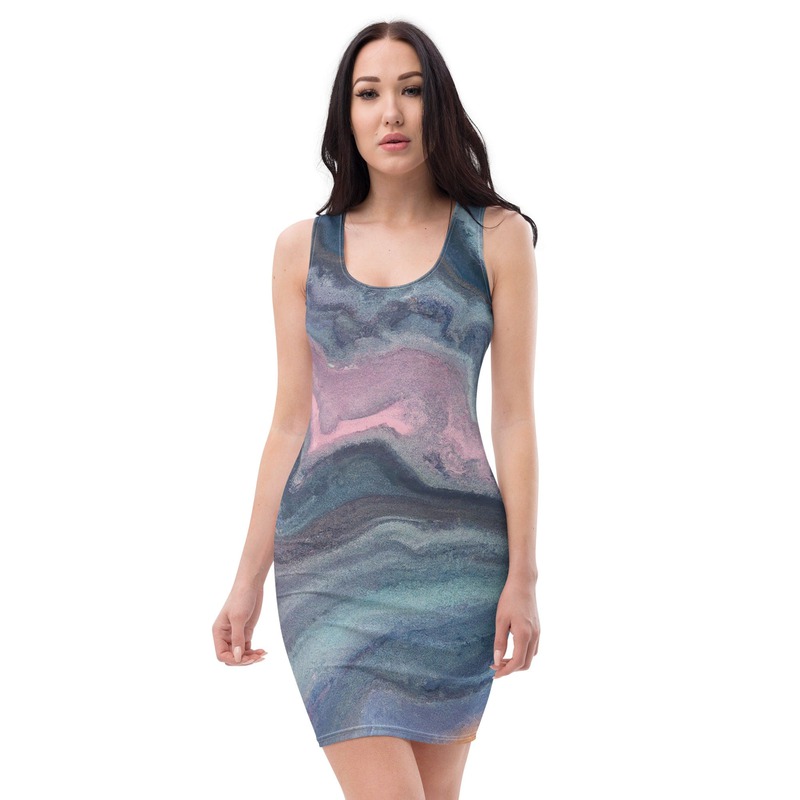 Womens Stretch Fit Bodycon Dress - Blue Pink Marble Swirl Print | eBay