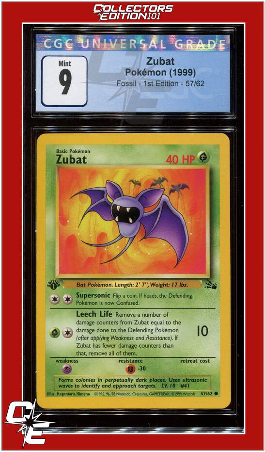 zubat pokemon card value - (57) - Fossil Grass Grass Poison Fang (10) Flip a coin Fossil 57 Zubat 1st Edition