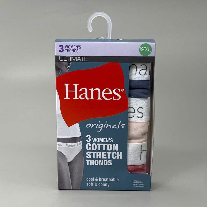 HANES 3 PK Originals Women's Cotton Stretch Thongs Underwear Sz 8