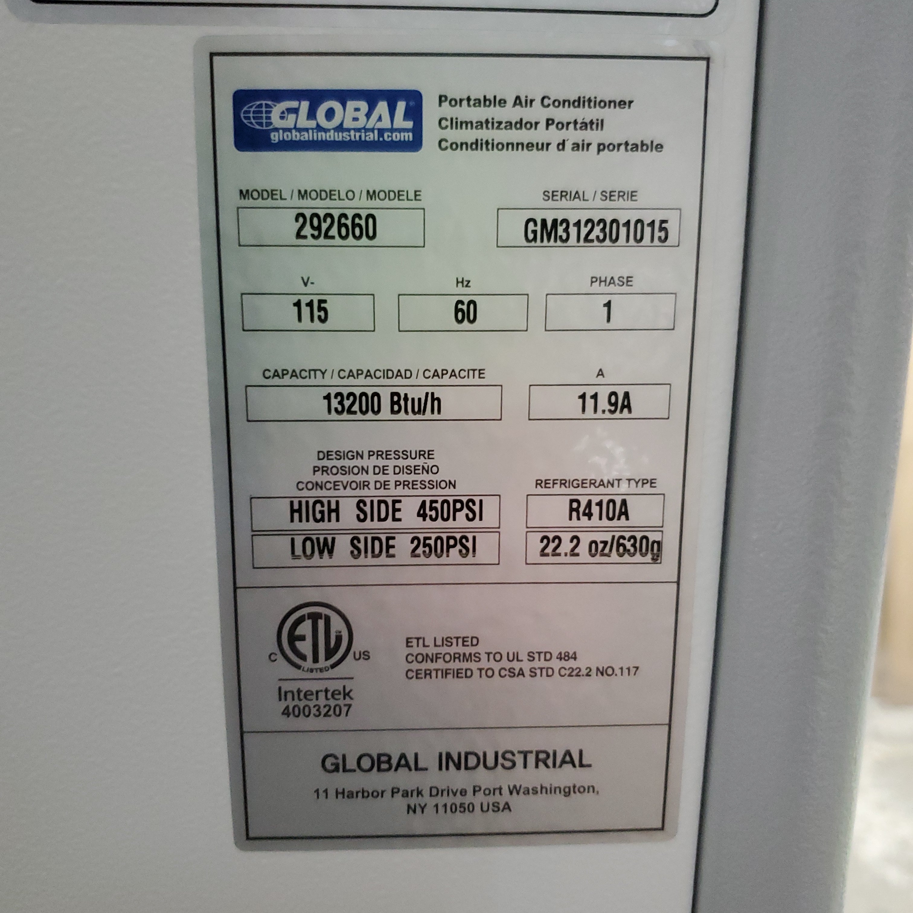 GLOBAL INDUSTRIAL Portable Air Conditioner W/ Cold Air