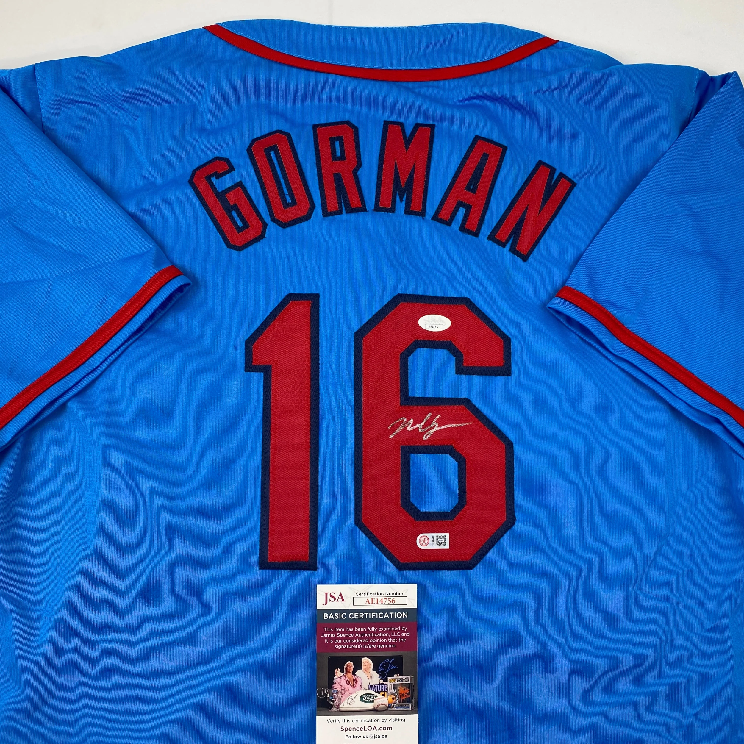 Autographed/Signed Nolan Gorman St. Louis Blue Baseball Jersey JSA