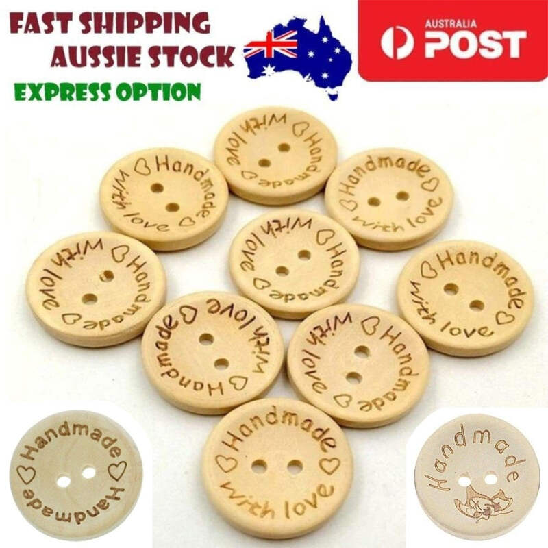 25pcs Wooden Buttons 2 Holes Handmade With Love Round Button Handmade Clothes Ebay