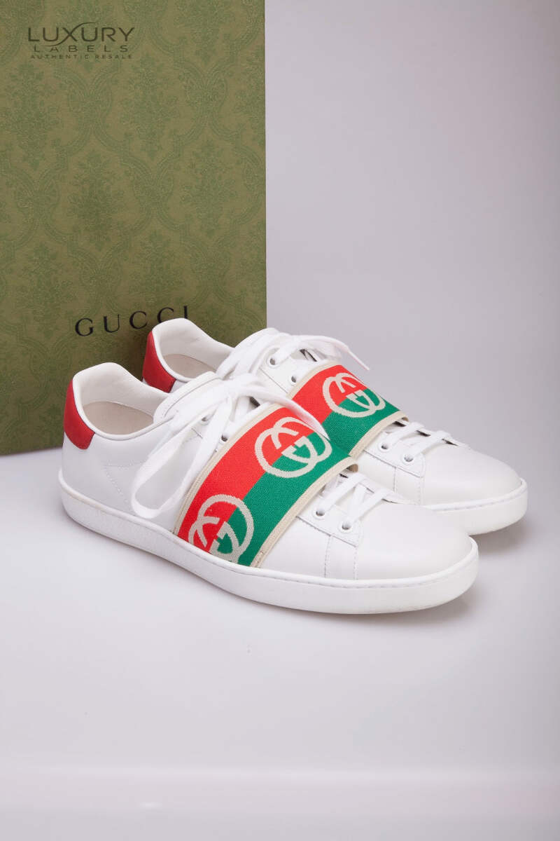 スニーカー Gucci ACE SNEAKERS WITH WEB DETAIL Women's Gucci Ace sneaker with Web in beige and ebony