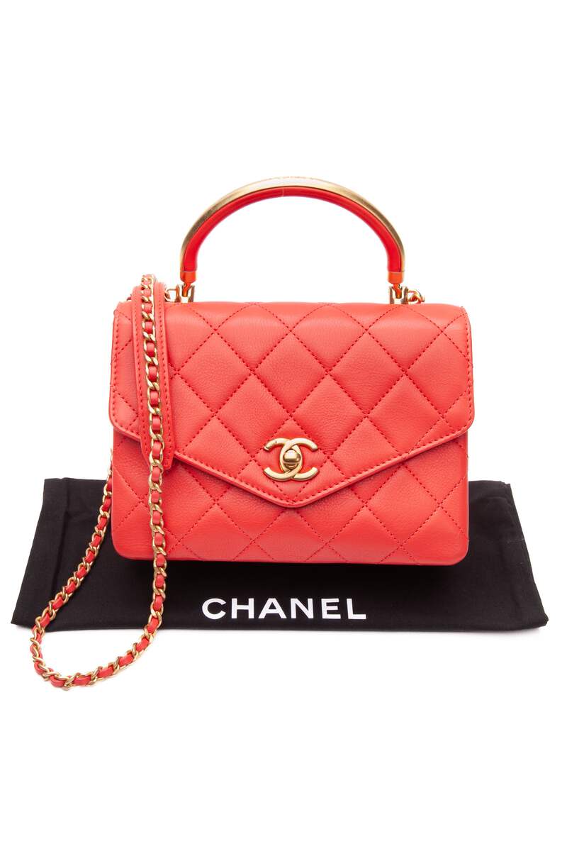 CHANEL Coral Calfskin Quilted Metal Small Top Handle Envelope Flap