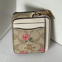豪奢な Pink Case Card Zip Coach Floral Canvas Beige Wallet ID CR971 バッグ