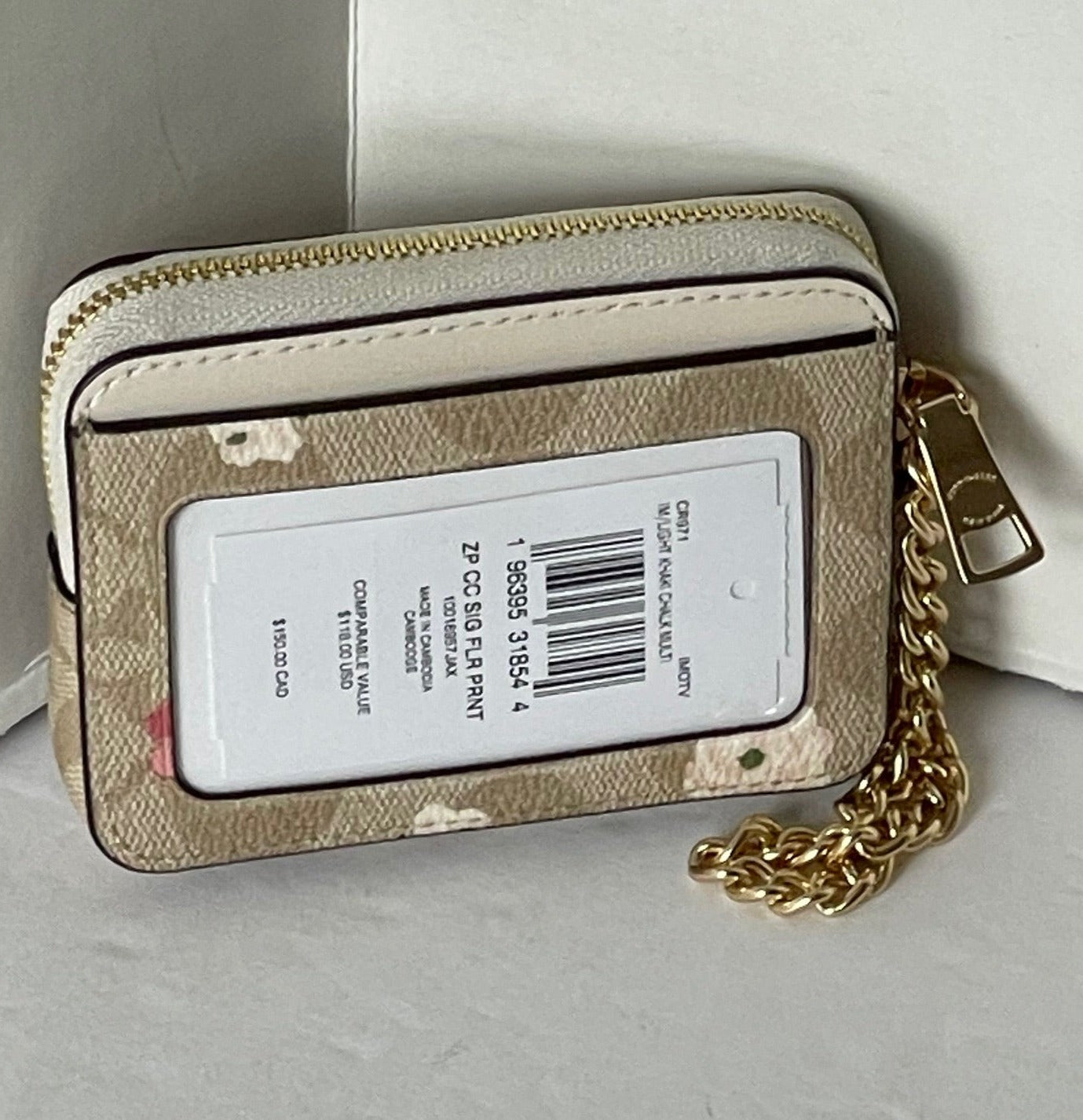 Coach Zip Card Case Pink Floral CR971 ID Wallet Beige Canvas