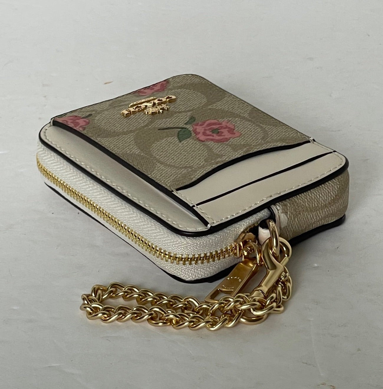 Coach Zip Card Case Pink Floral CR971 ID Wallet Beige Canvas