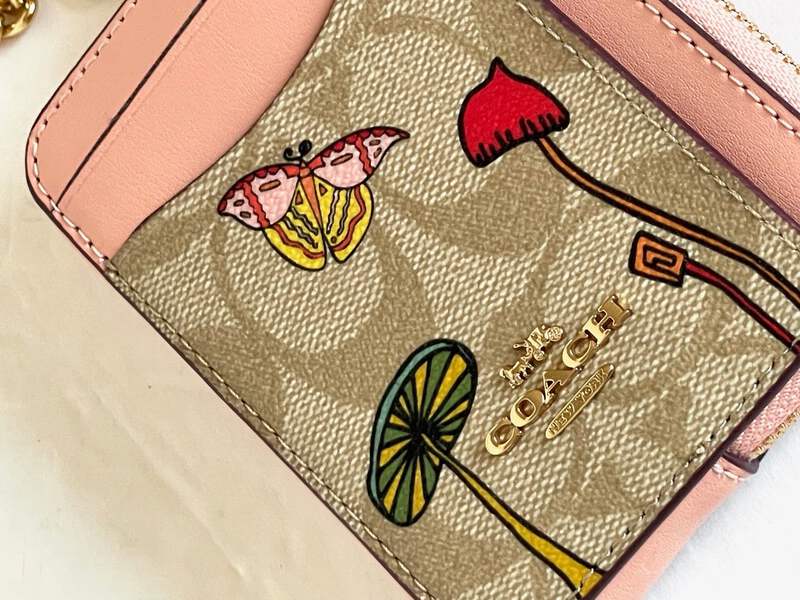 Coach Zip Card Case Observed By Us Pink Signature Canvas Leather