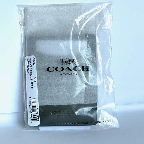 Coach Money Clip Card Case Mens Army Green Leather C6702