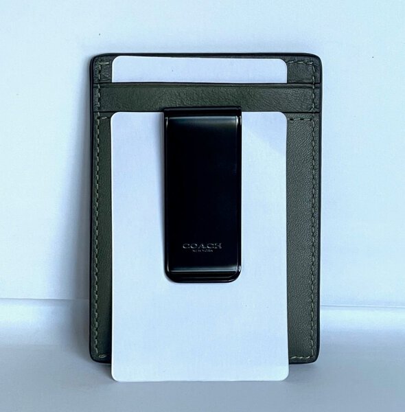 Coach Money Clip Card Case Mens Army Green Leather C6702