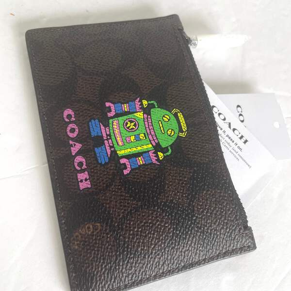 Coach Cosmic Coach Zip Card Case Robot CW223 Brown Leather