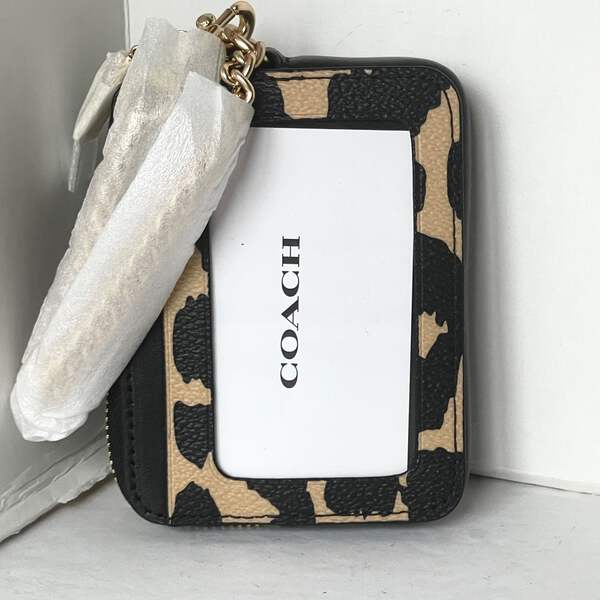 Coach Leopard Zip Card Case ID Wallet Brown Leather Canvas