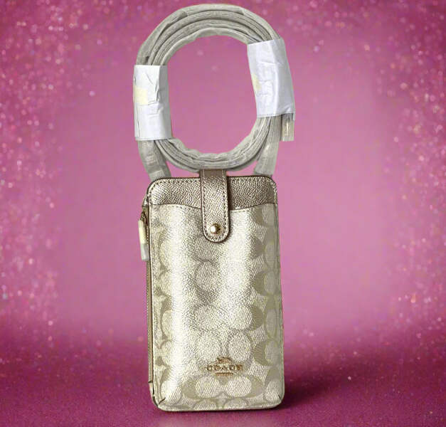 Coach Phone Crossbody Bag Signature Canvas Champagne Gold