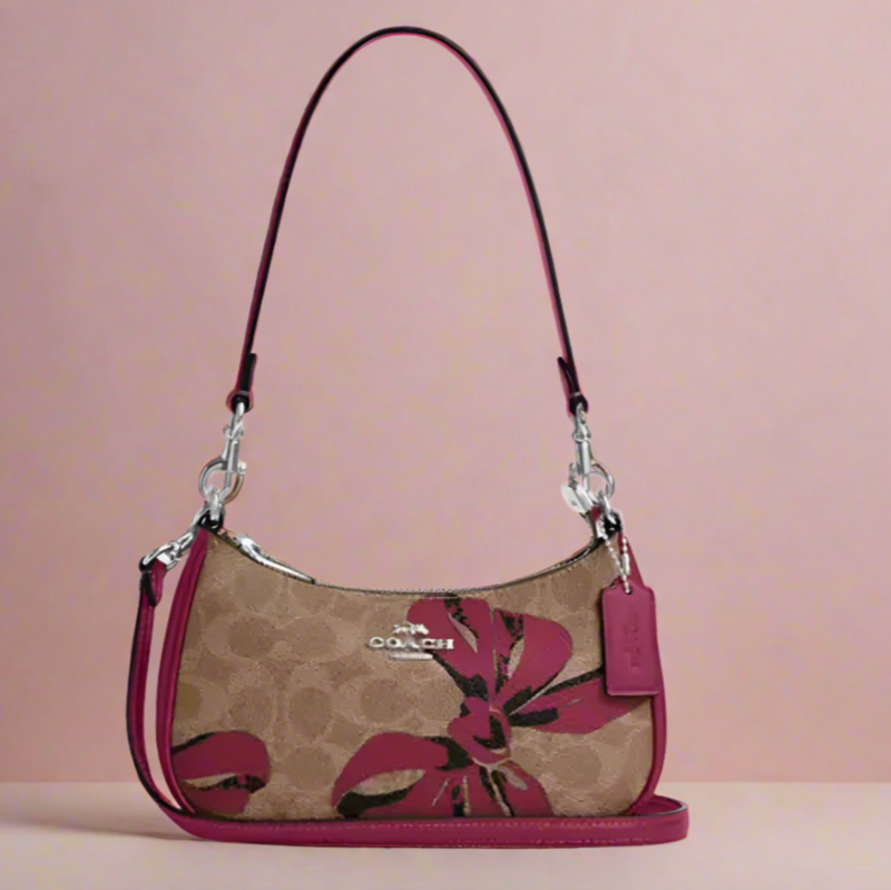 素晴らしい外見 Coach Teri Bow Red Canvas Signature Brown Bag Crossbody Mini ハンドバッグ
