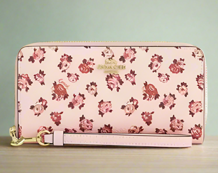 Coach Rosette Floral Long Zip Phone Wallet Wristlet Pink Canvas