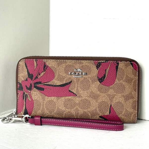 Coach Long Zip Around Red Bow Wallet Phone Wristlet Brown