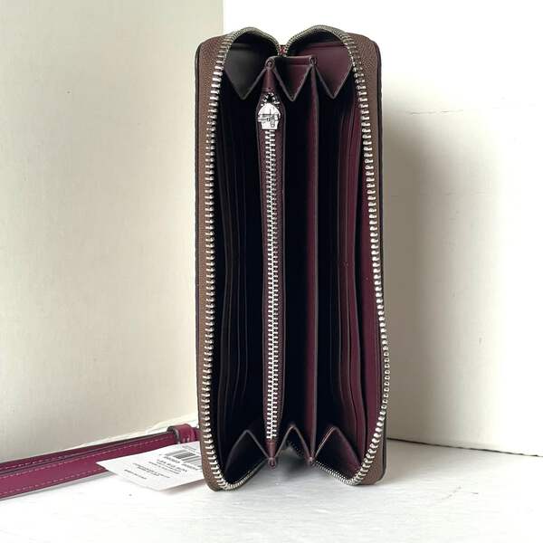 Coach Long Zip Around Red Bow Wallet Phone Wristlet Brown