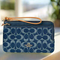 Coach Double Zip Phone Wallet Blue Signature Denim CZ321