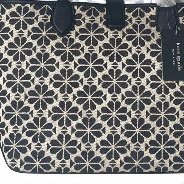 Kate Spade Flower Jacquard Medium Open Tote Black Leather Snap