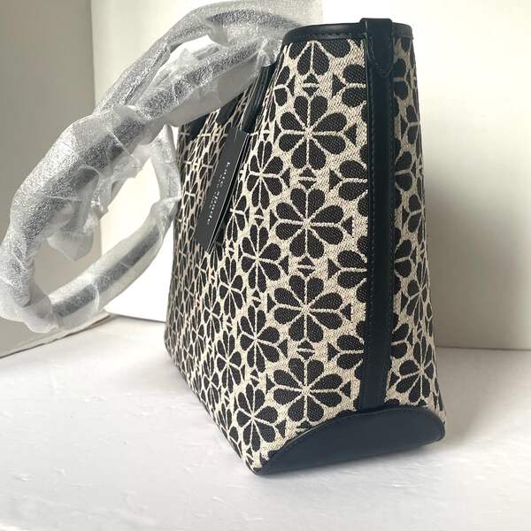 Kate Spade Flower Jacquard Medium Open Tote Black Leather Snap