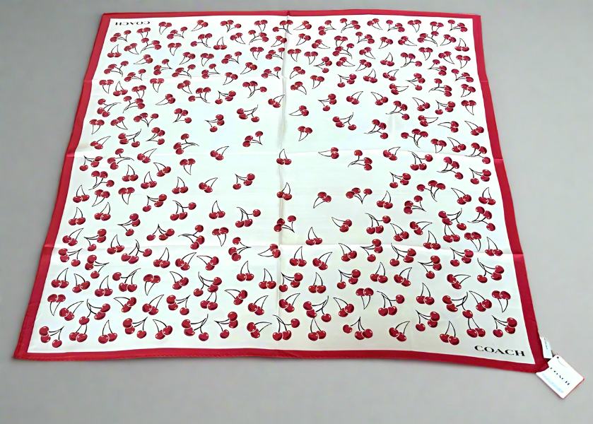 Coach Cherry Swirl Print Silk Scarf CZ533 White Large Square 35x35