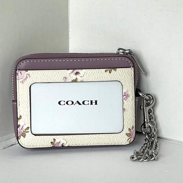 Coach Pink Floral Zip Card Case CAU43 ID Wallet Lilac