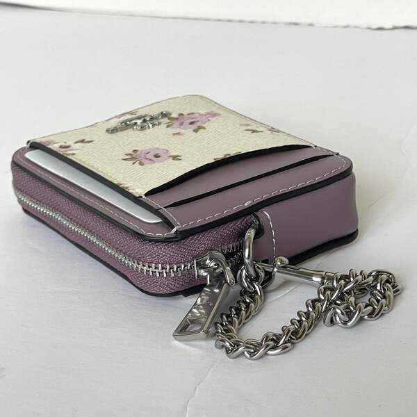 Coach Pink Floral Zip Card Case CAU43 ID Wallet Lilac
