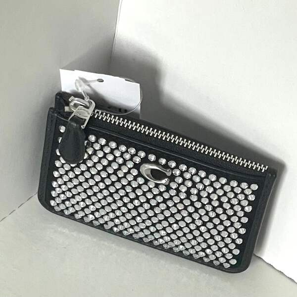 Coach Essential Mini Id Card Case Crystal Black Leather Wallet