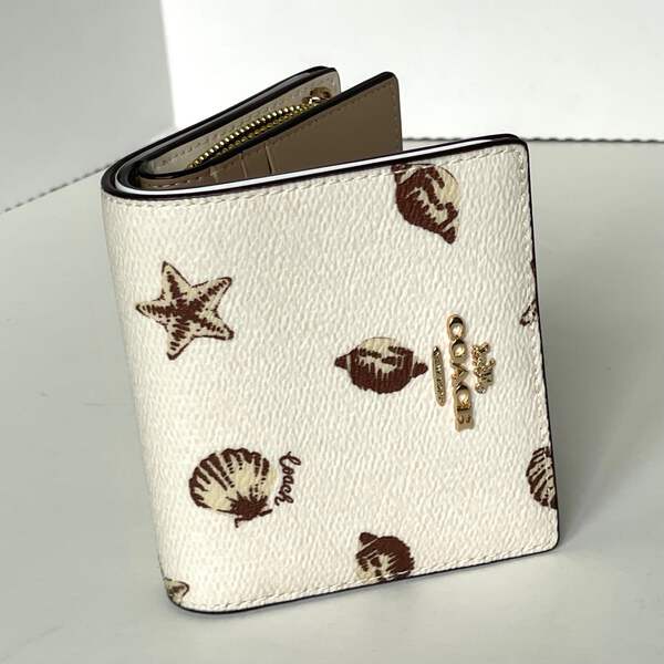 Coach Snap Wallet ID Shell Print CBO73 White Brown Small