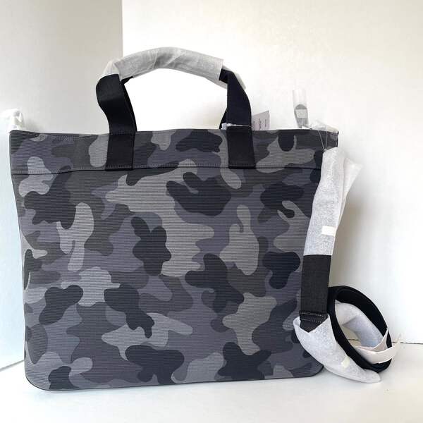 Coach Tote 38 CY805 Large Camo Canvas Leather Carryall Black